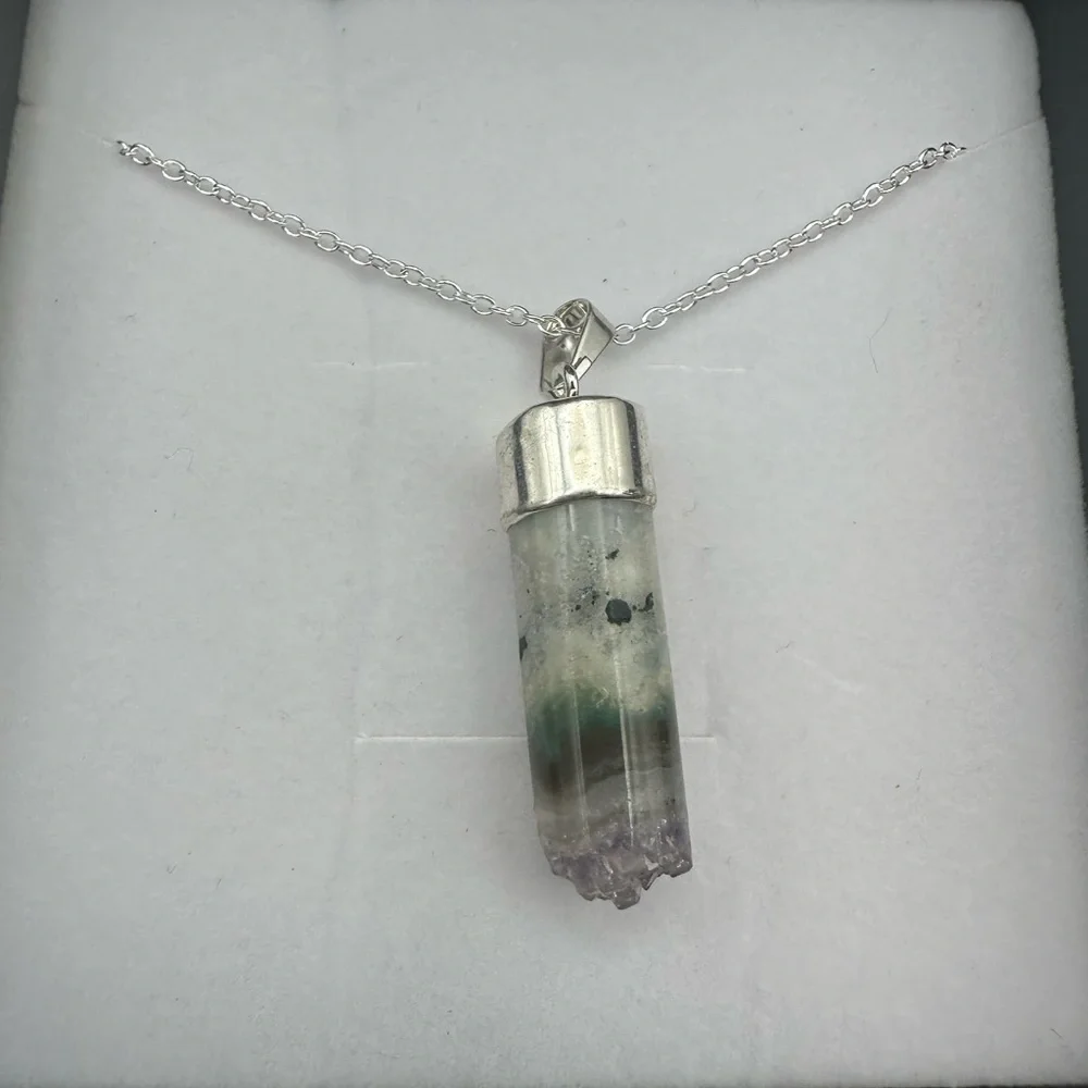 Amethyst and Agate Cylinder Pendant on Box Chain